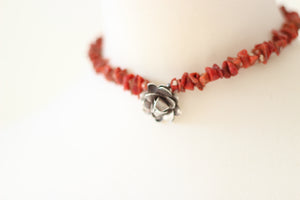 Red Jasper Chip & Silver Flower Pendant Necklace