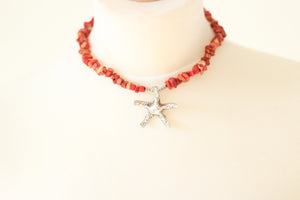 Red Jasper Chip & Silver Starfish Pendant Necklace