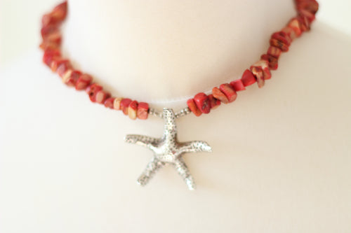 Red Jasper Chip & Silver Starfish Pendant Necklace