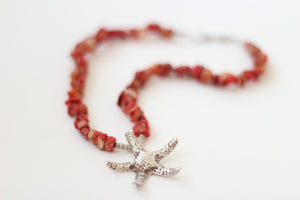 Red Jasper Chip & Silver Starfish Pendant Necklace