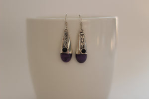 Charoite & Onyx Silver Earrings