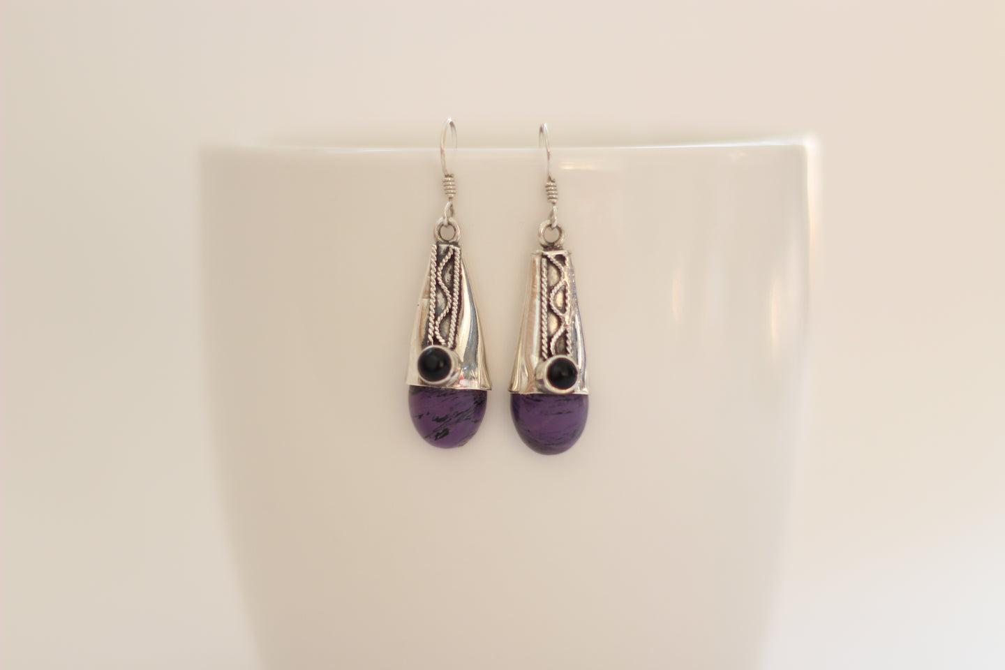 Charoite & Onyx Silver Earrings